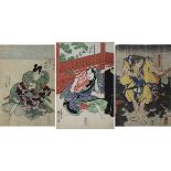 Utagawa Kuniyoshi (1798 - 1861), Drei japanische Farbholzschnitte zu Theaterszenen, jew. im