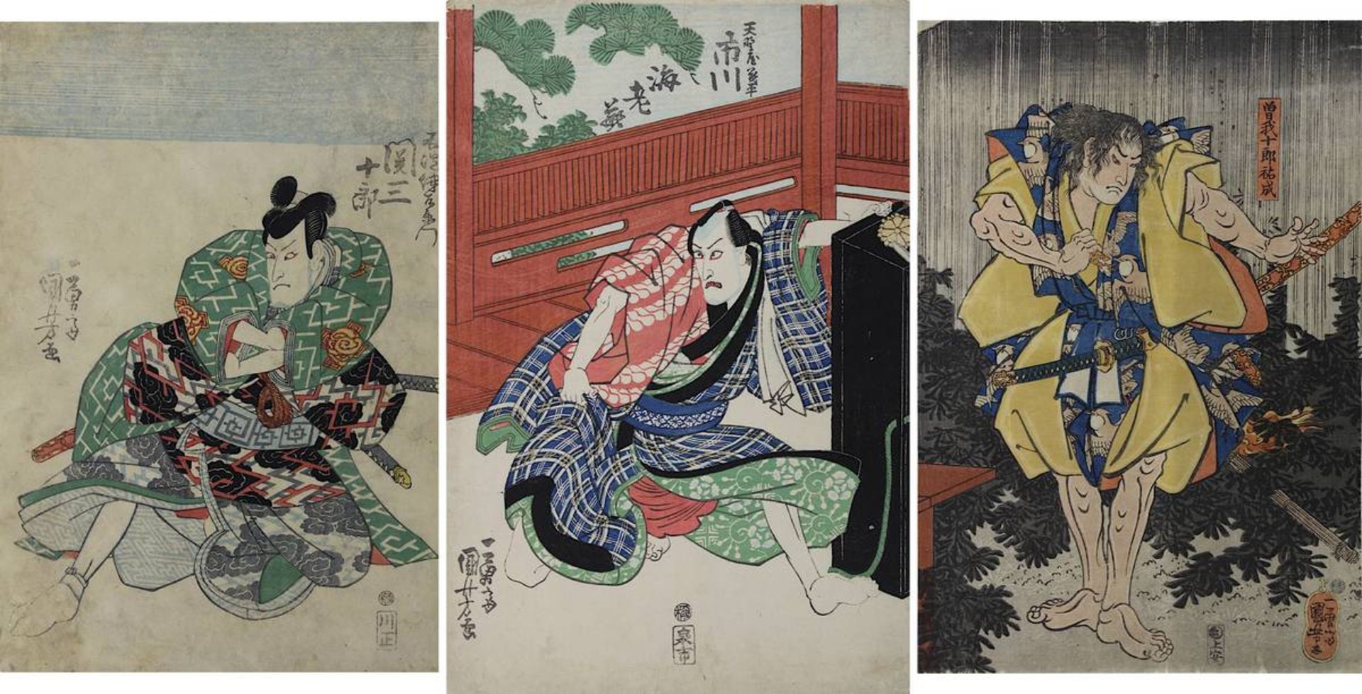 Utagawa Kuniyoshi (1798 - 1861), Drei japanische Farbholzschnitte zu Theaterszenen, jew. im