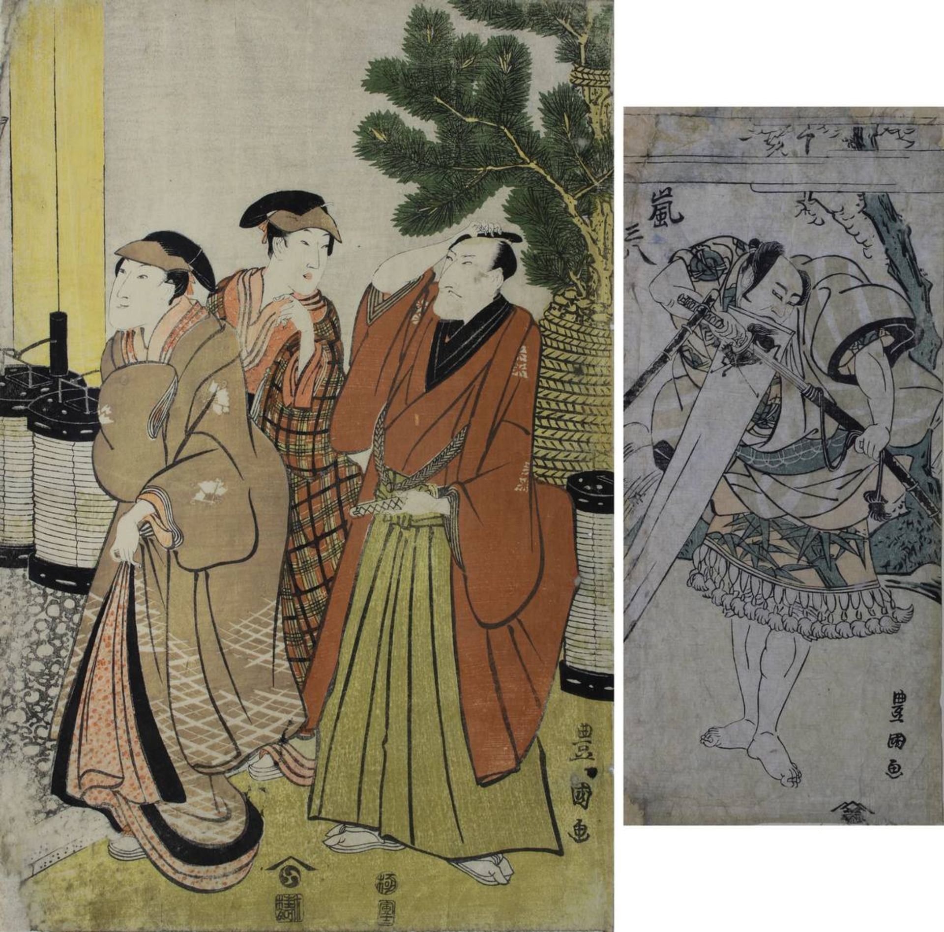 Utagawa Toyokuni (1769 - 1825), 2 japanische Farbholzschnitte mit Theaterszenen: 1 Blatt aus einem