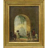 Genremaler (19.Jh.), Edelleute zu Pferd vor Torbogen, Hintergrund mit Burg- und Klosteranlage, im