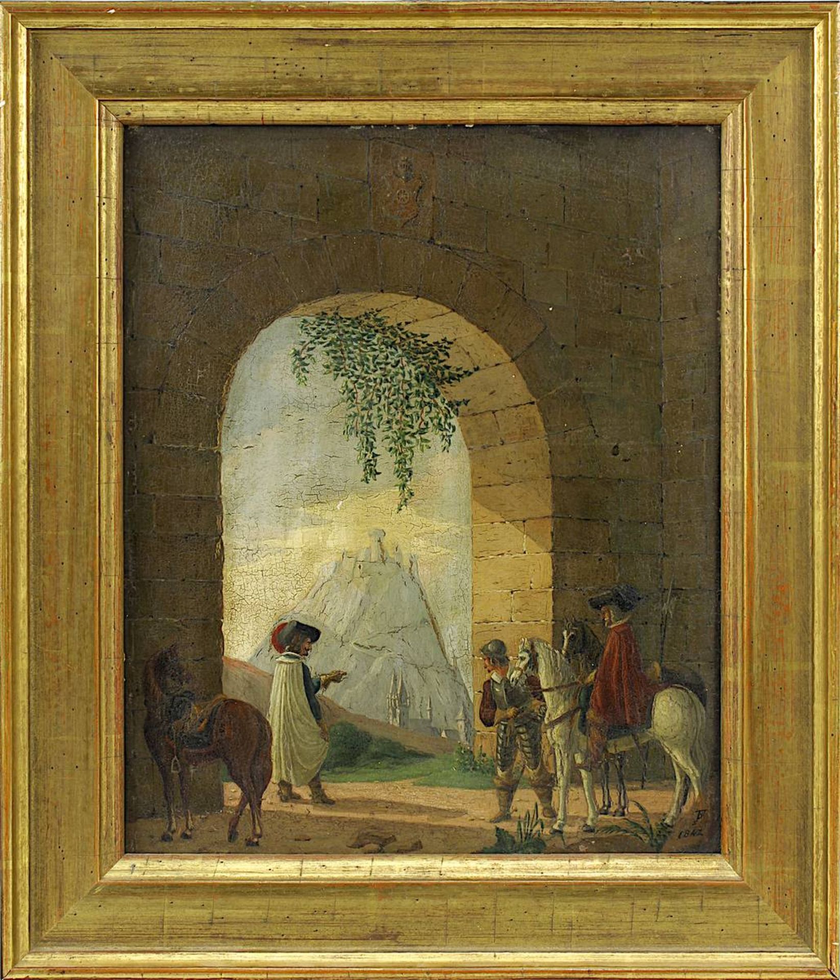 Genremaler (19.Jh.), Edelleute zu Pferd vor Torbogen, Hintergrund mit Burg- und Klosteranlage, im