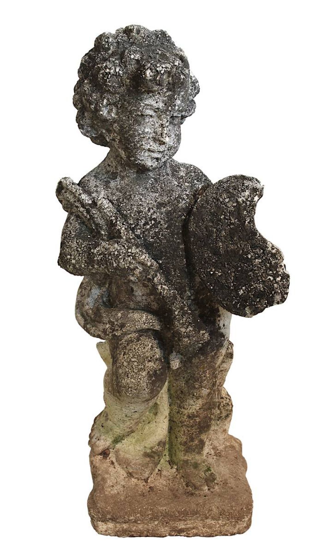 Gartenfigur Putto mit Malpalette und Pinsel, Steinguss, 2. H. 20. Jh., im Barockstil, H 50 cm,