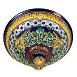 Sarreguemines Majolika-Blumenampel, Utzschneider & Cie um 1880, Keramik heller Scherben, polychrom