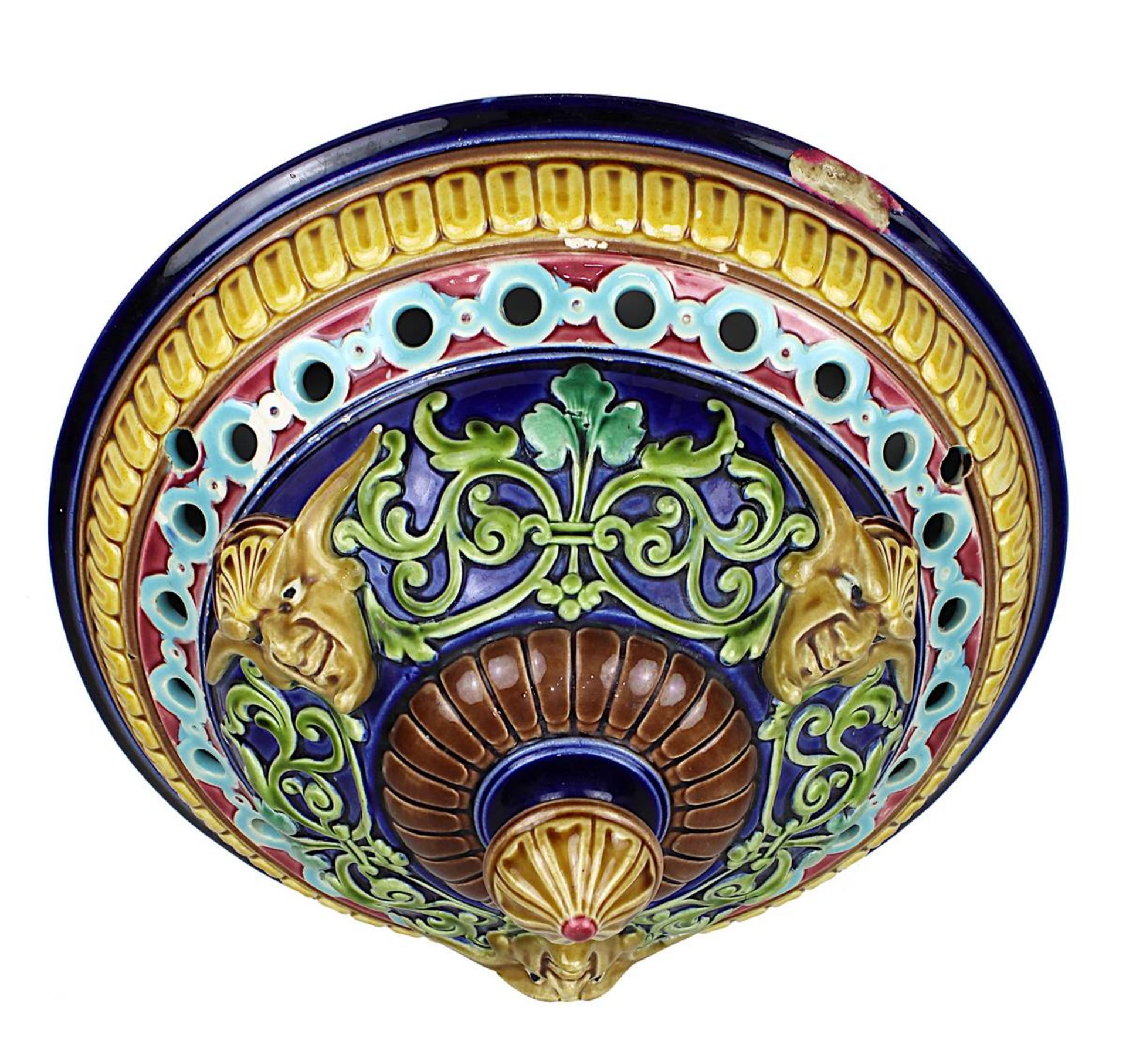 Sarreguemines Majolika-Blumenampel, Utzschneider & Cie um 1880, Keramik heller Scherben, polychrom
