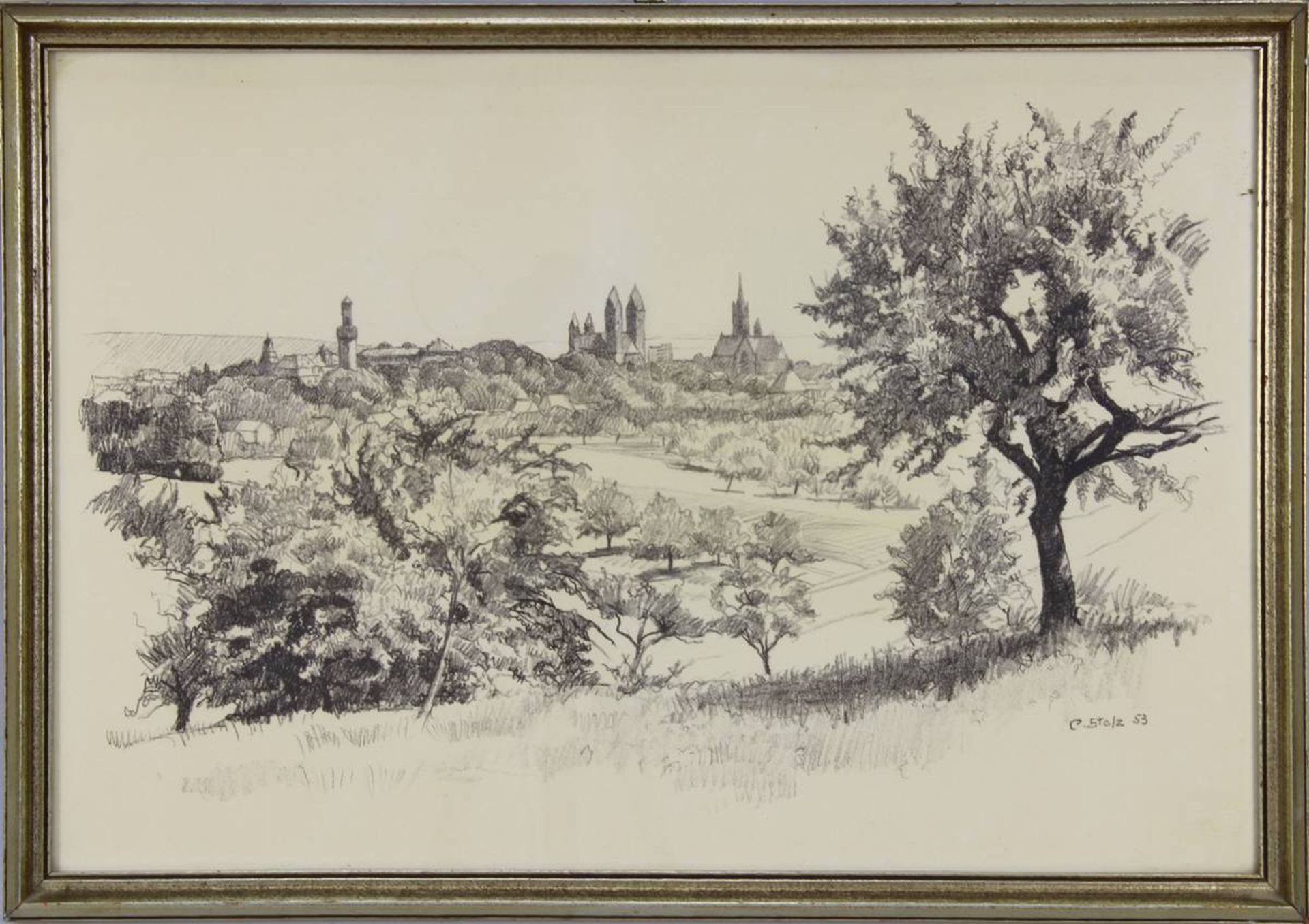 Stolz, Carl (Frankfurt/Main 1894 - 1977 Bad Homburg), Landschaft mit Blick auf die Stadtsilhouette