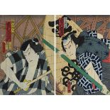 Toyohara Kunichika (1835 - 1900), 2 zusammengehörige japanische Farbholzschnitte mit Theaterszene,