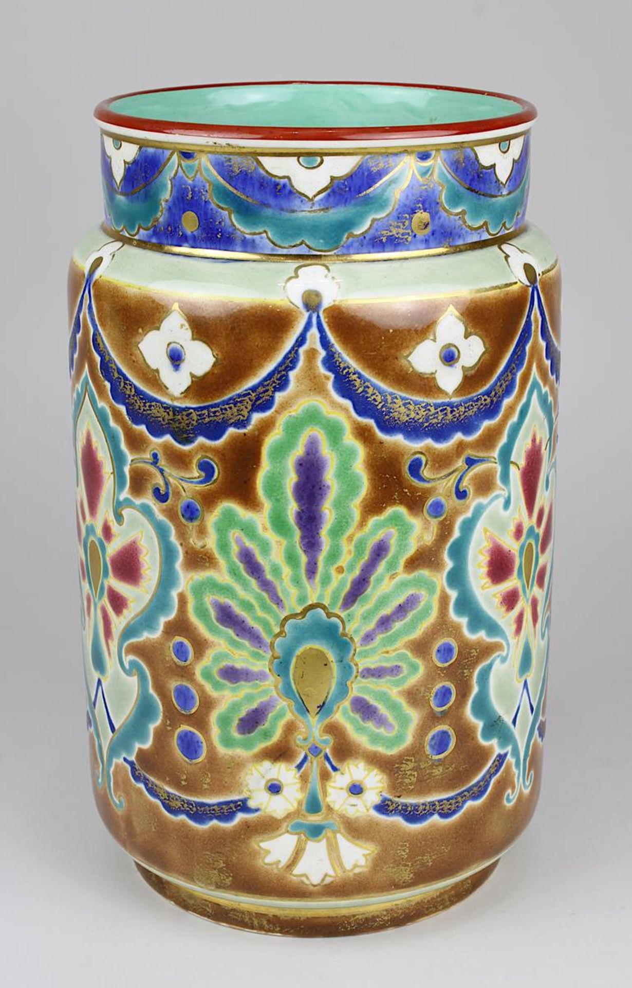 Longwy Vase bzw. Lampenfuß im orientalischen Stil, um 1870, Keramik heller Scherben, Außenwandung