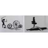 Visch, Henk (geb. Eindhoven 1950), zwei Tuschzeichnungen: Figur mit Rädern u. balancierende Figur