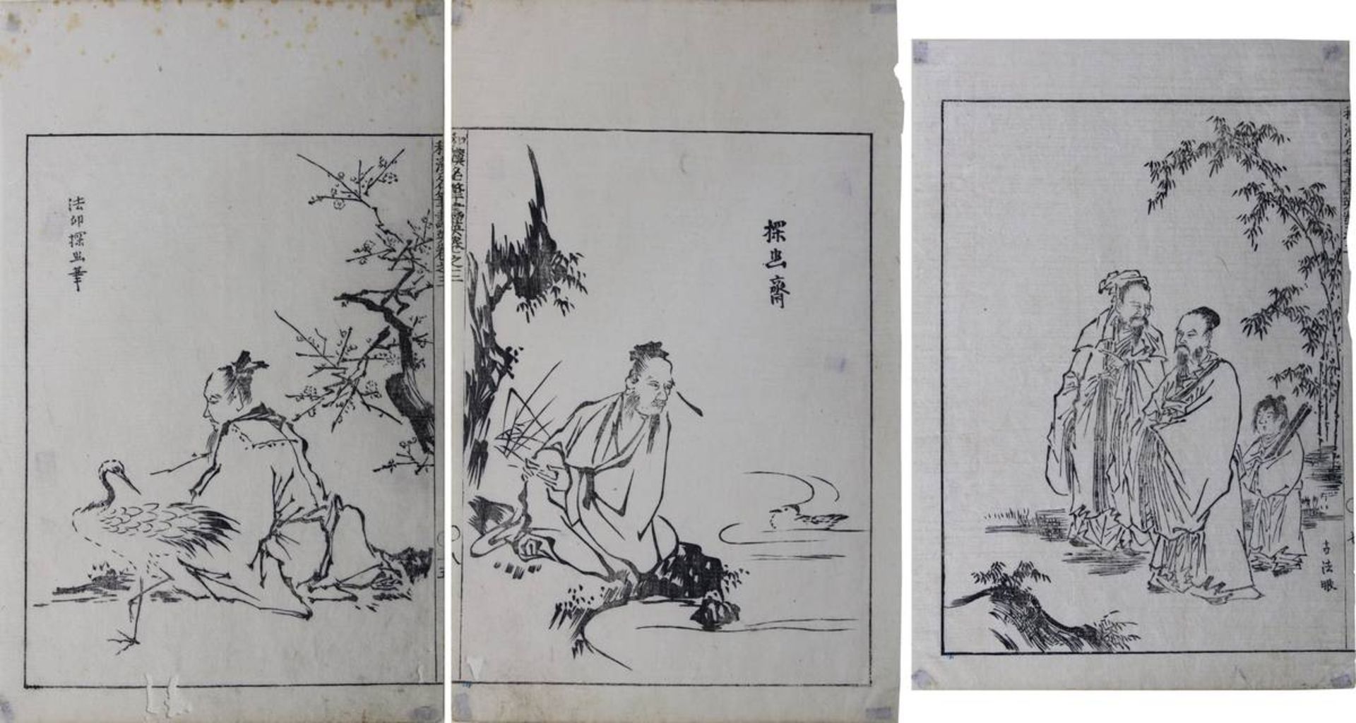 Tachibana Morikuni (attr.) (1679 - 1748), 3 Buchseiten mit Schwarzweiß-Holzschnitten, verschiedene