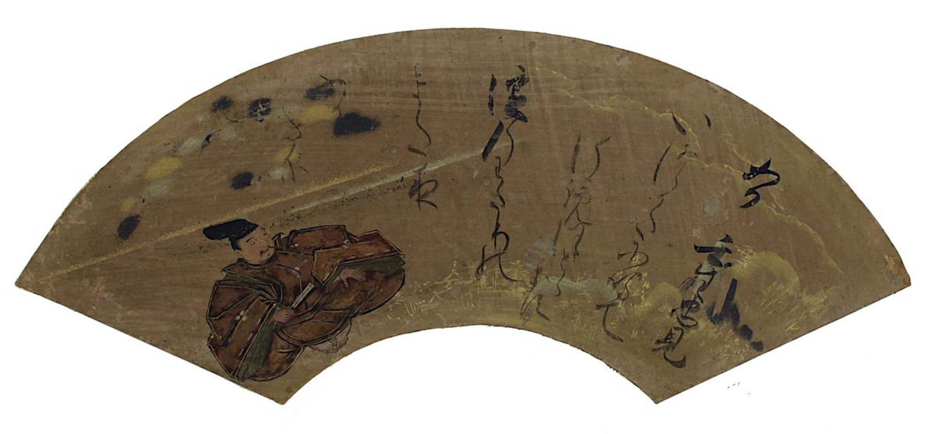 2 bemalte japanische Fächerblätter: Darstellung des Dichters Mibu Tadami (9.-10. Jh.), Tusche und - Bild 3 aus 3