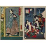 Toyohara Kunichika (1835 - 1900), 2 japanische Farbholzschnitte, Schauspielerportrait und