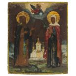 Ikone mit zwei orthodoxen Heiligen und Klosteranlage, Russland 19. Jh., Tempera auf Holz, wohl in