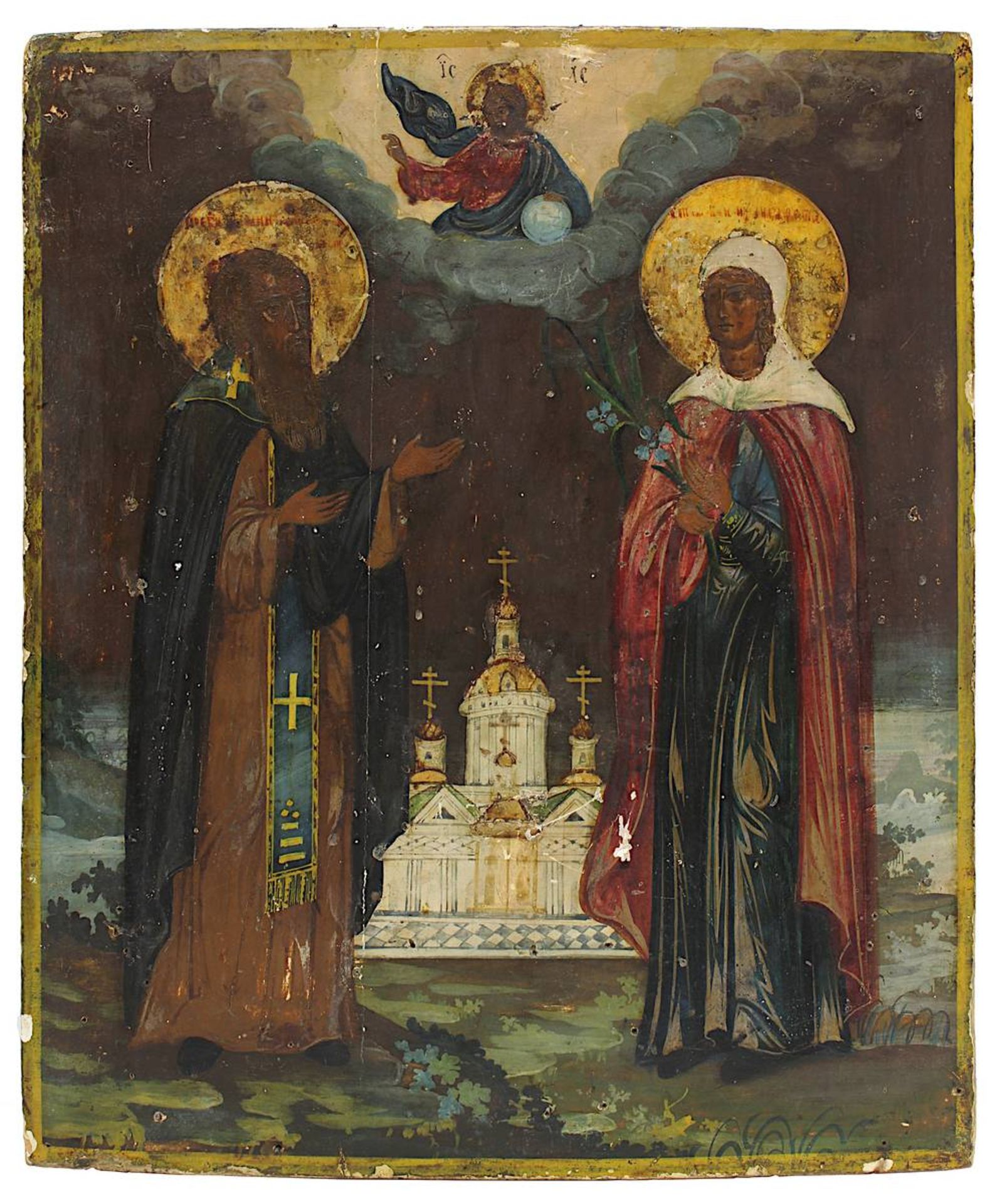 Ikone mit zwei orthodoxen Heiligen und Klosteranlage, Russland 19. Jh., Tempera auf Holz, wohl in