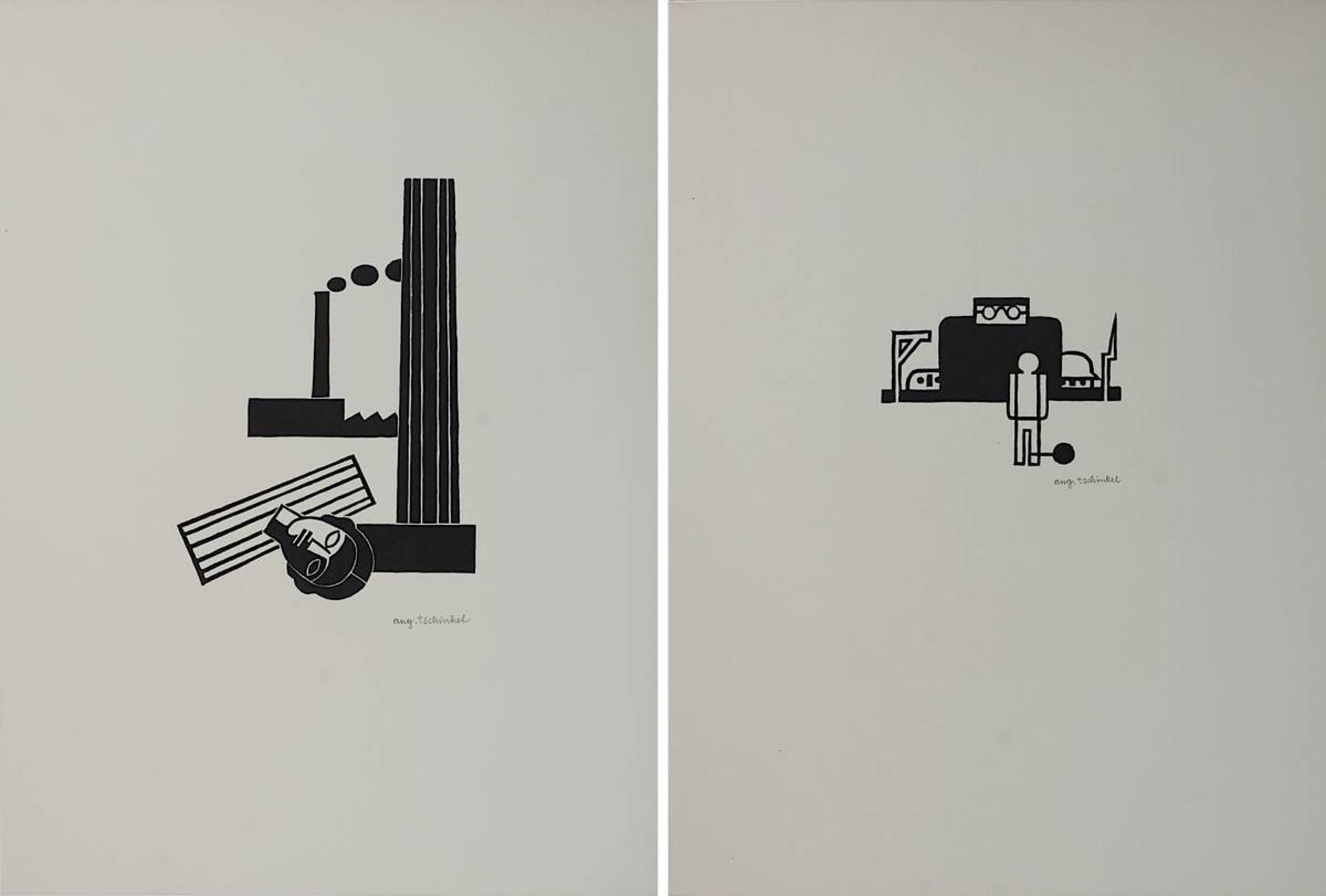 Tschinkel, Augustin (Prag 1905 - 1983 Köln), zwei Linolschnitte, "Gegenwart und Vergangenheit",