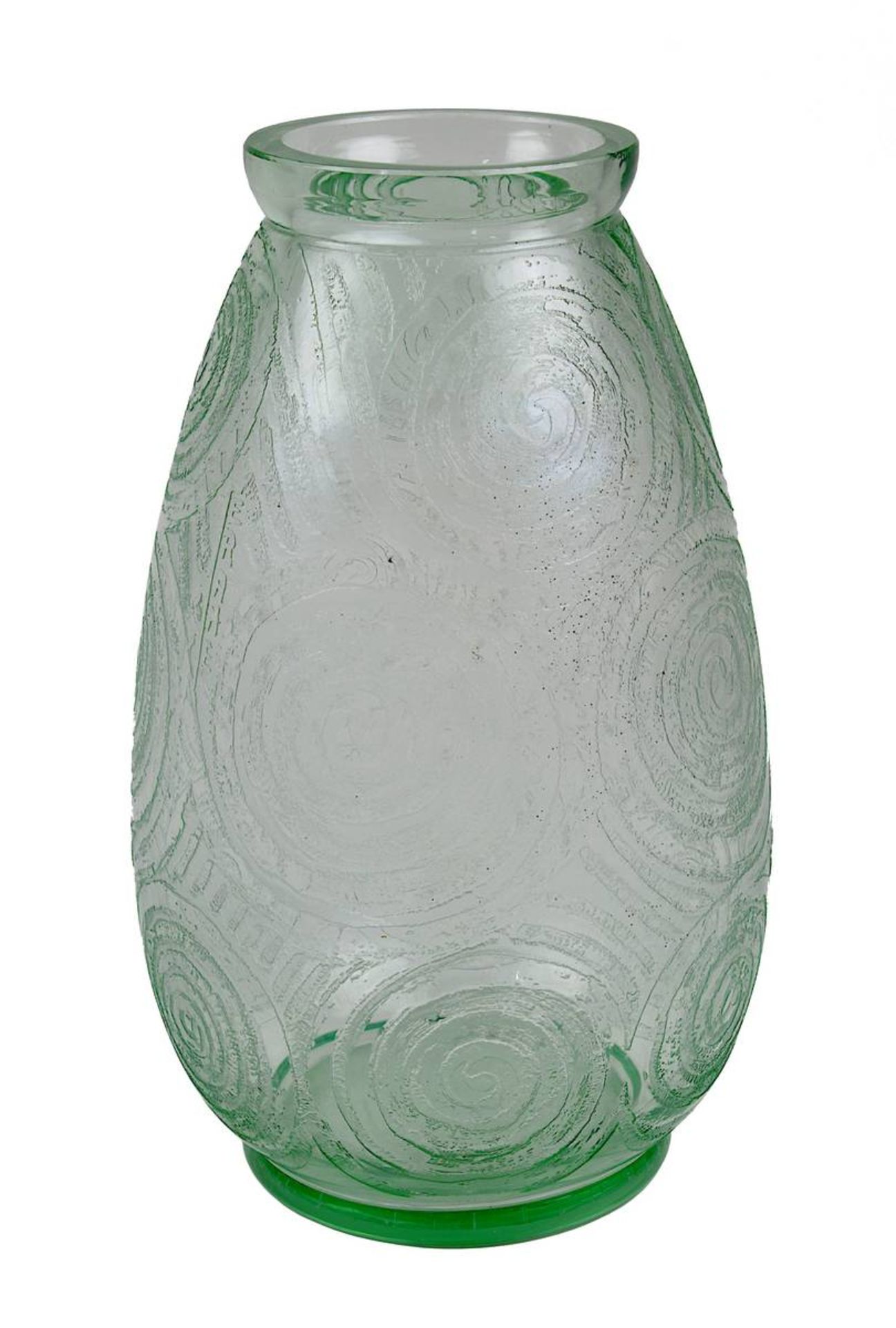 Ferame Art Déco-Glasvase mit Ätzdekor, Frankreich um 1930, leicht grün durchgefärbtes Glas,