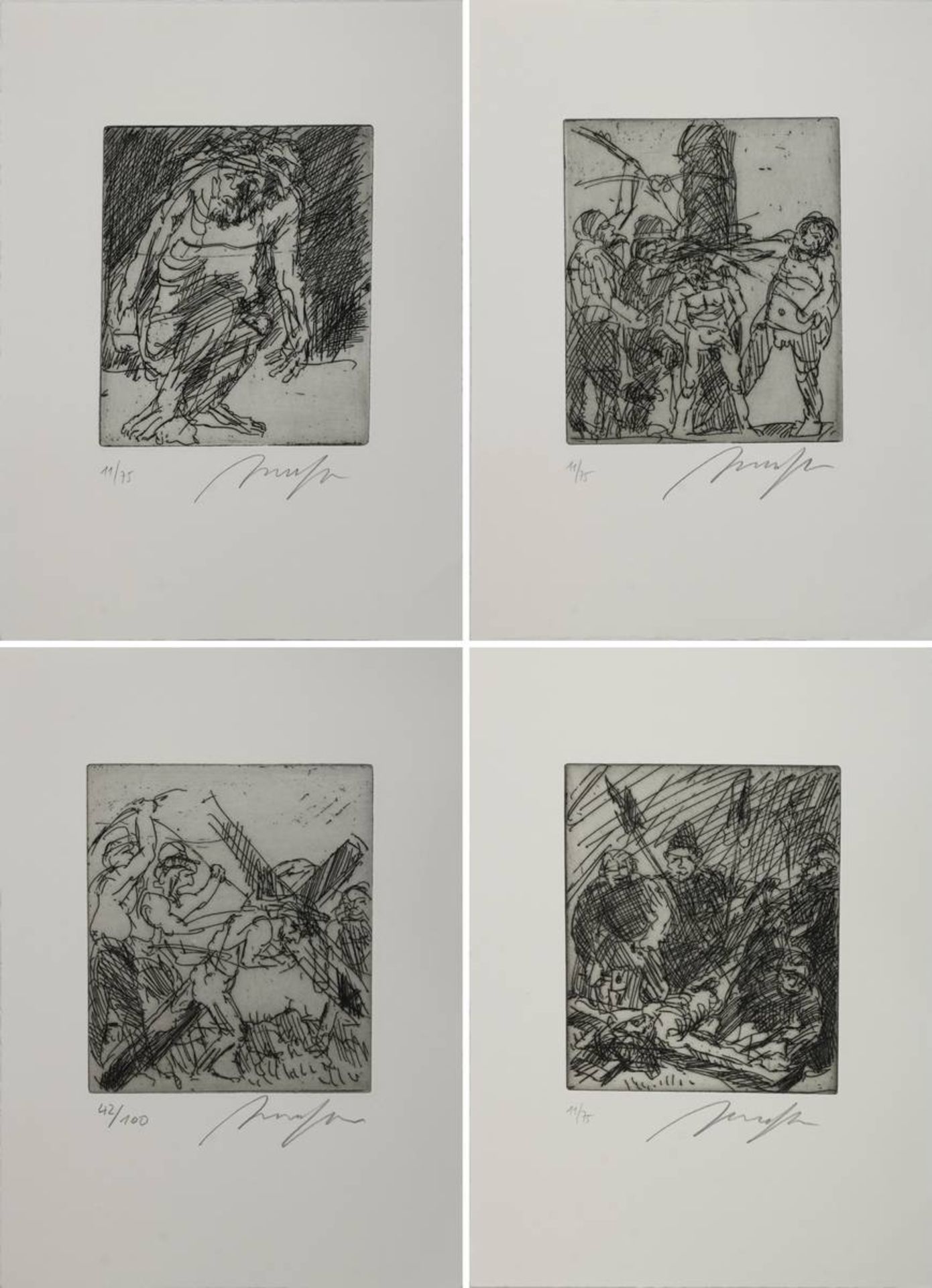Hrdlicka, Alfred (Wien 1928 - 2009 Wien), vier Radierungen, Kreuzwegstationen: Christus an der