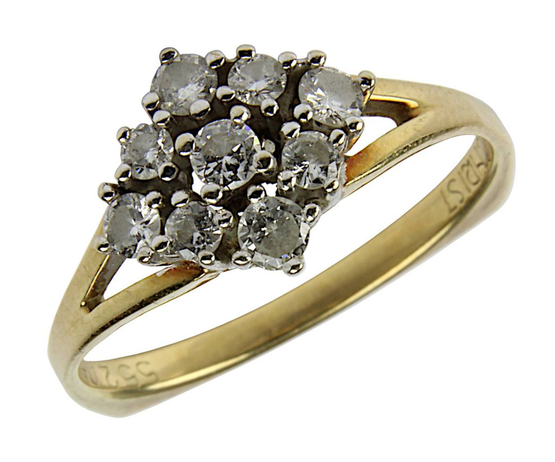 Gelbgold-Ring mit Brillanten, gepunzt 585 und Christ, 9 Diamanten im Brillantschliff, zus. ca. 0,