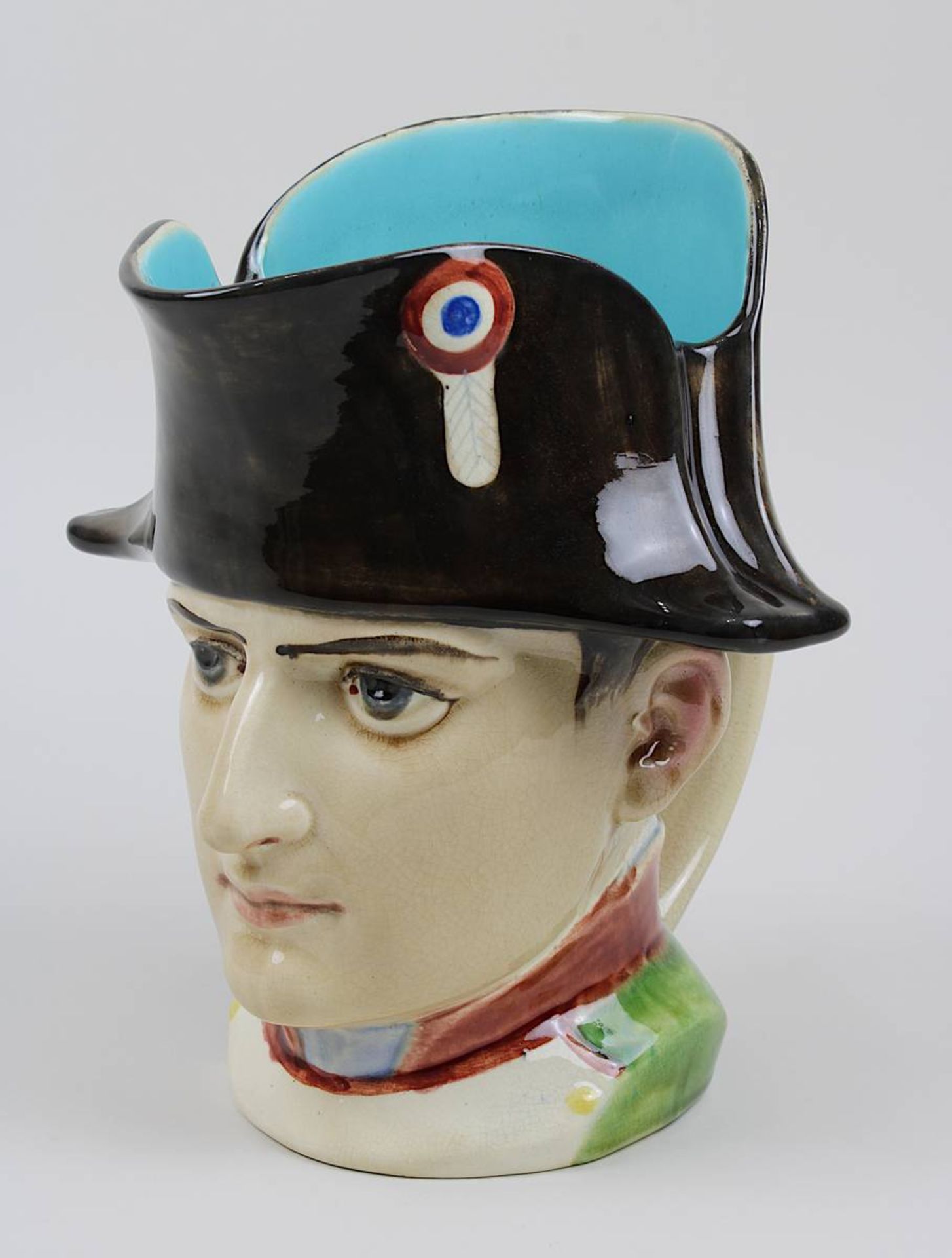 Seltener Napoleon Saargemünd-Gesichtskrug, Sarreguemines Digoin um 1920, Keramik, heller Scherben,