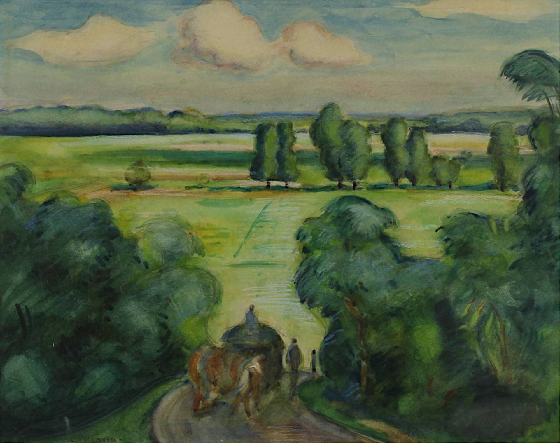 Pissarro, C., Aquarellmaler Anf. 20. Jh., Sommerliche Landschaft mit Pferdefurhwerk, Aquarell- - Bild 2 aus 2