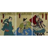Toyohara Kunichika (1835 - 1900), 3 japanische Farbholzschnitte, Triptychon mit Theaterszene, die