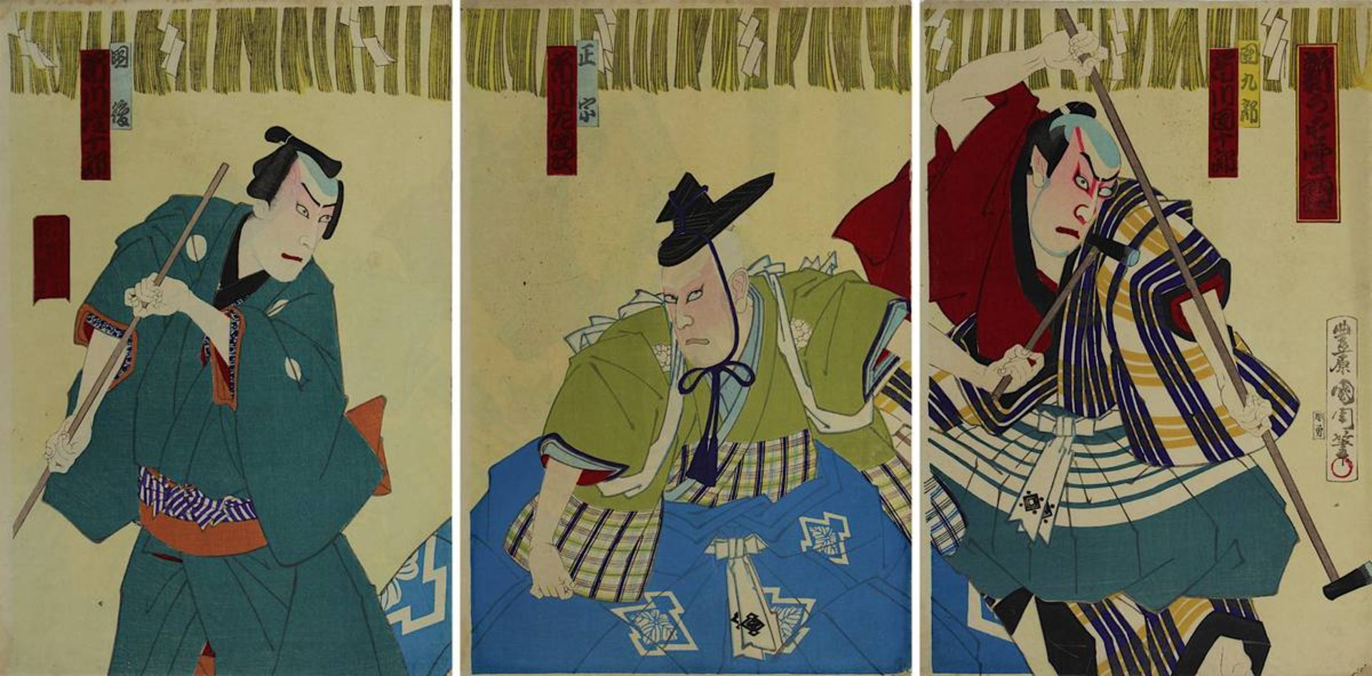 Toyohara Kunichika (1835 - 1900), 3 japanische Farbholzschnitte, Triptychon mit Theaterszene, die