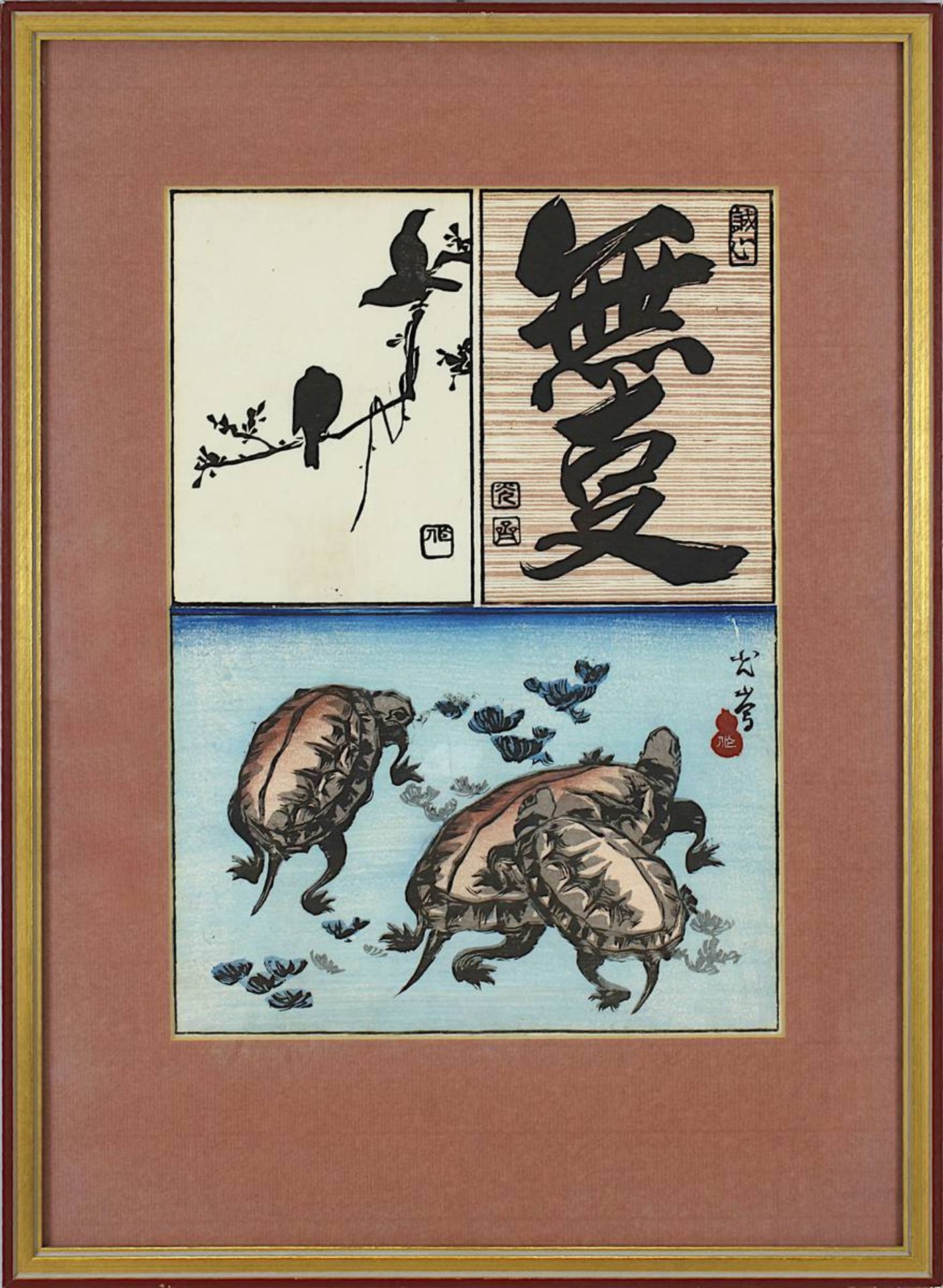 Japanischer Farbholzschnitt mit Schildkröten und Vögeln, um 1900, in 3 Feldern mit Kalligraphie,