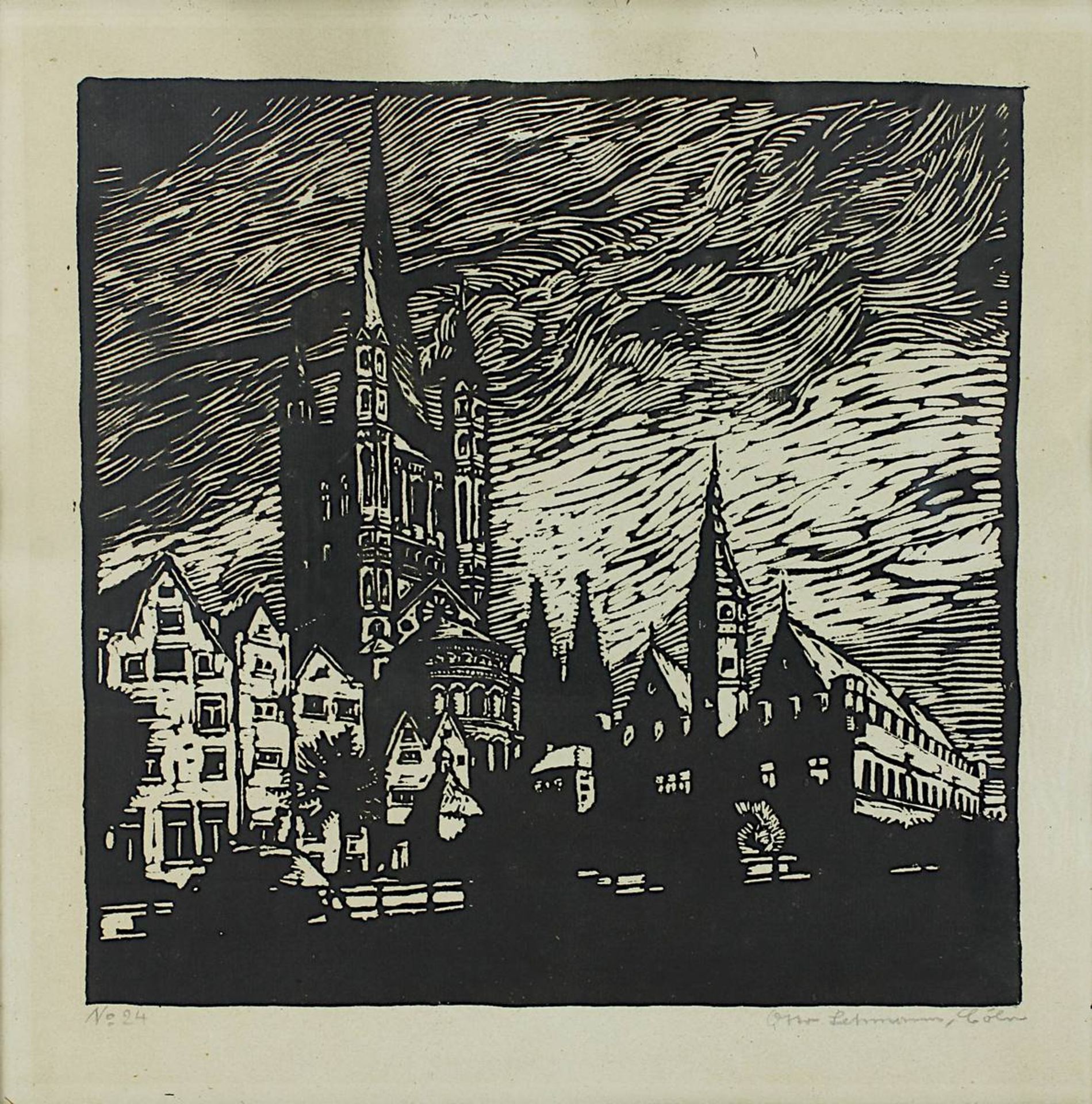 Lehmann, Otto (geb. Köln 1889), "St. Martin in Köln am Abend", orig. Linolschnitt um 1920/30, am - Bild 2 aus 2