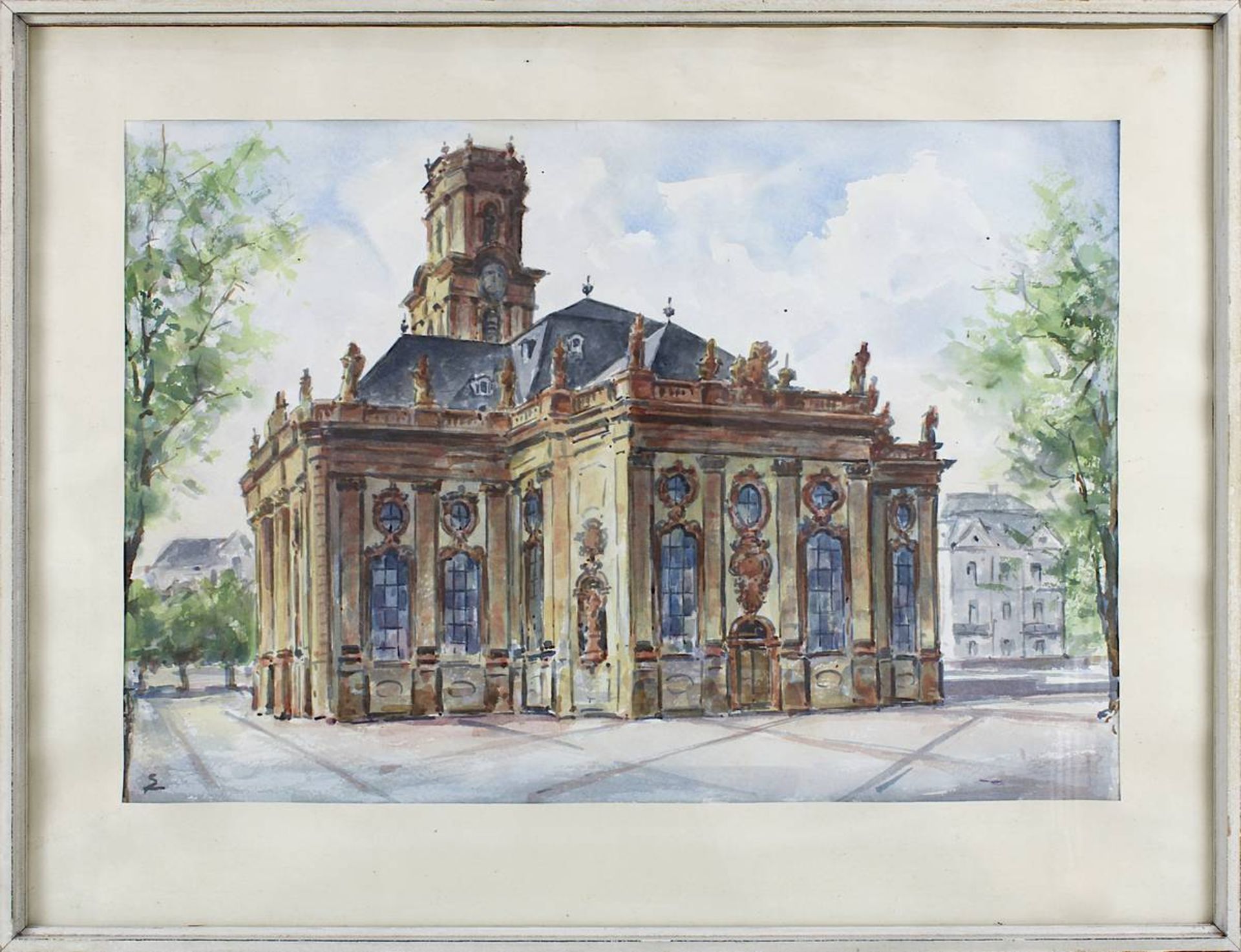 Saarländischer Künstler, Ludwigskirche Saarbrücken, 1960er Jahre, Aquarell, links unten