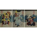 Utagawa Kunisada (1786 - 1864), 3 japanische Farbholzschnitte, Triptychon mit Theaterszene, 2