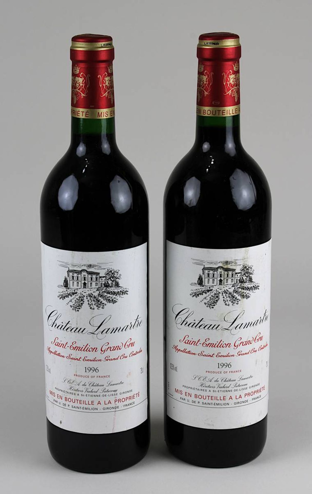 Zwei Flaschen 1996er Château Lamartre, Saint-Emilion Grand Cru, Saint-Émilion, Gironde France,