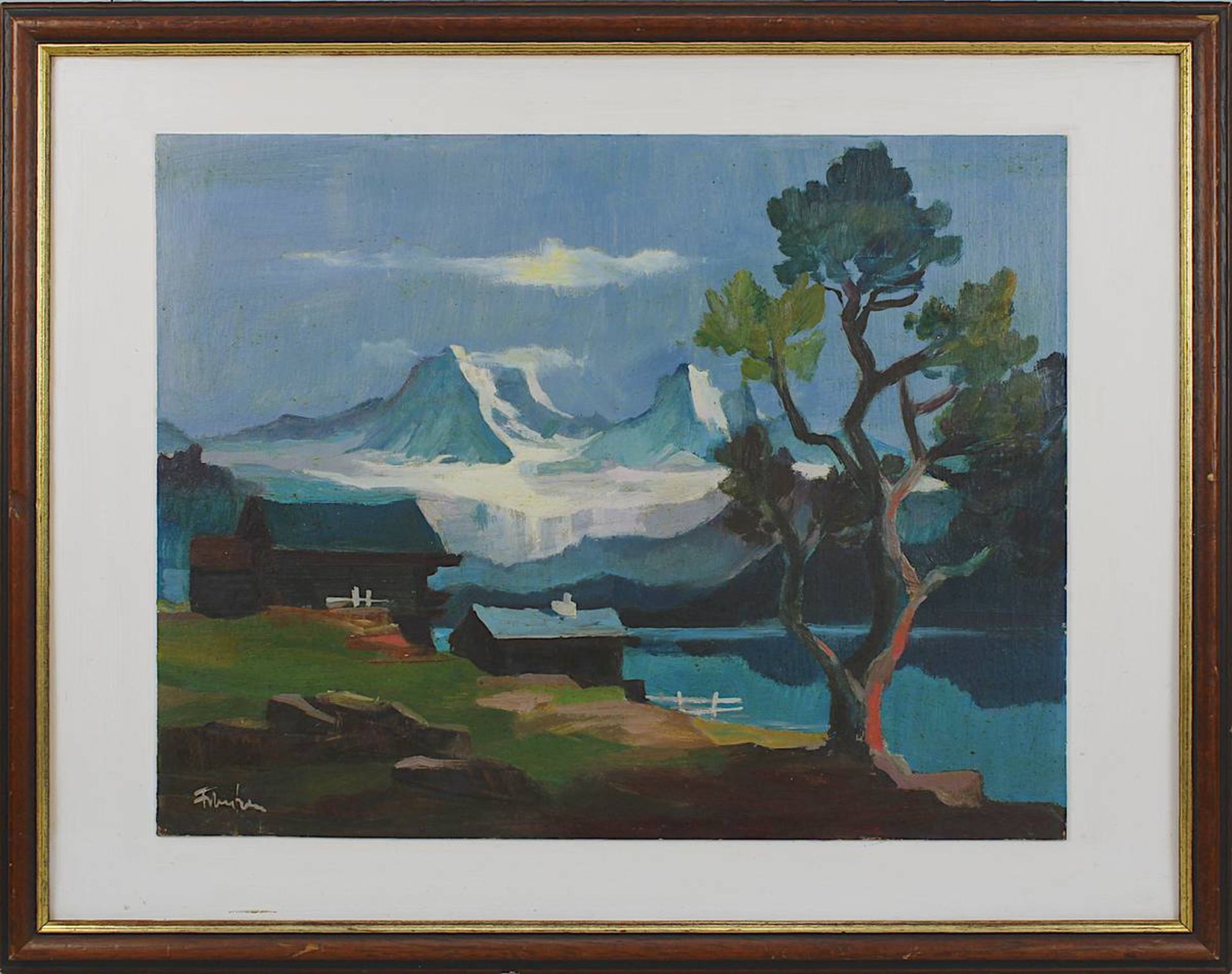 Frantzen, Peter (Saarbrücken 1913 - 2003 Dudweiler), Alpensee, mit Blick auf verschneite Berggipfel,