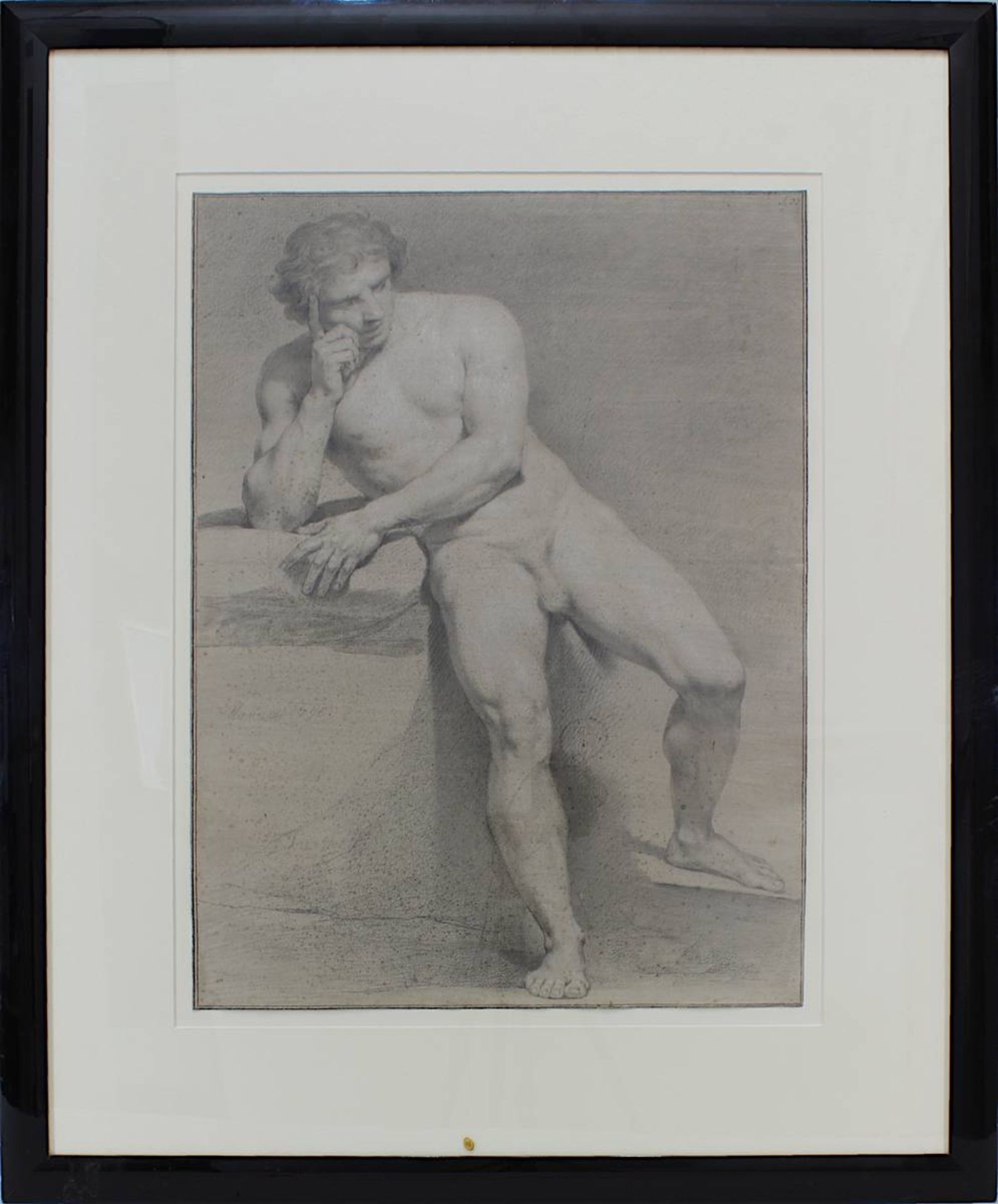 Zeichner um 1800, Männlicher Akt mit aufgestütztem Kopf, Studie in Bleistift u. Kohle, partiell weiß