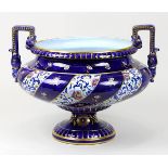 Cachepot mit Kobaltblau, Sarreguemines um 1900, flache Vasenform mit eckigen Handhaben mit