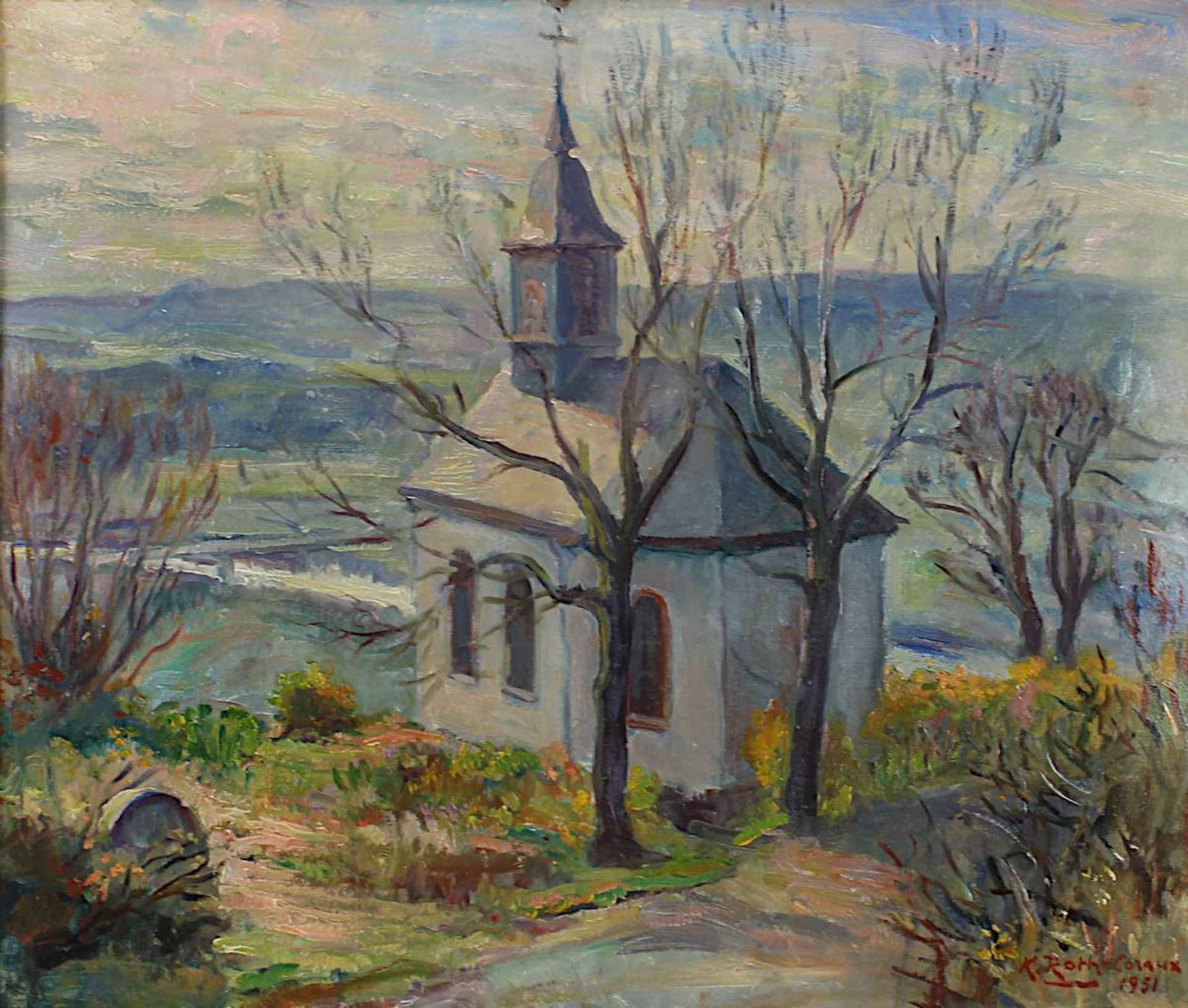 Roth-Coraux, Karl (Neunkrichen 1903 - 1978 Erfweiler-Ehlingen), "Kreuzbergkapelle in Merzig", Öl auf - Bild 2 aus 4