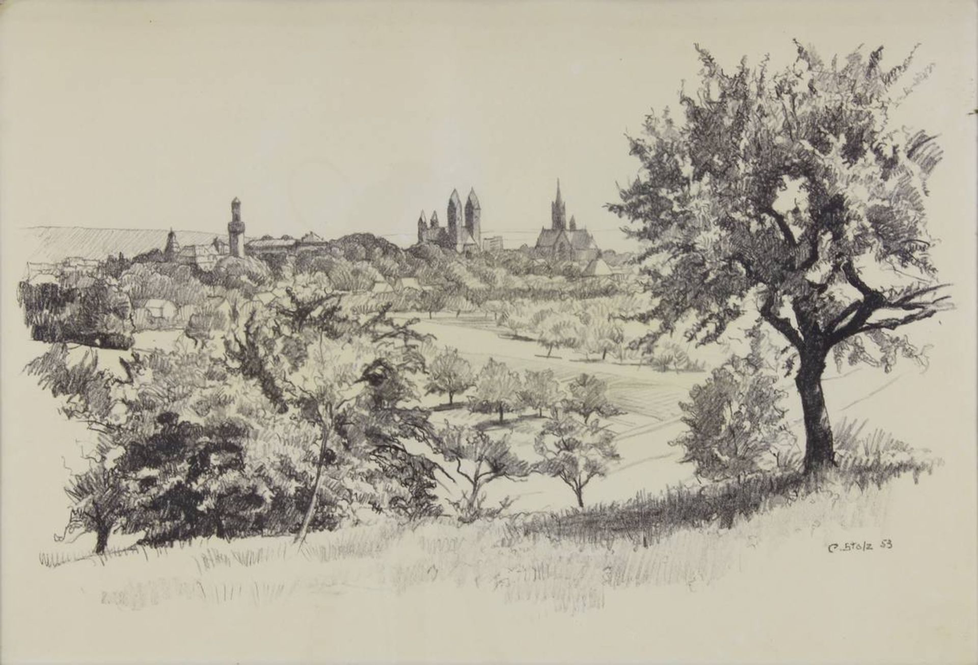 Stolz, Carl (Frankfurt/Main 1894 - 1977 Bad Homburg), Landschaft mit Blick auf die Stadtsilhouette - Bild 2 aus 2