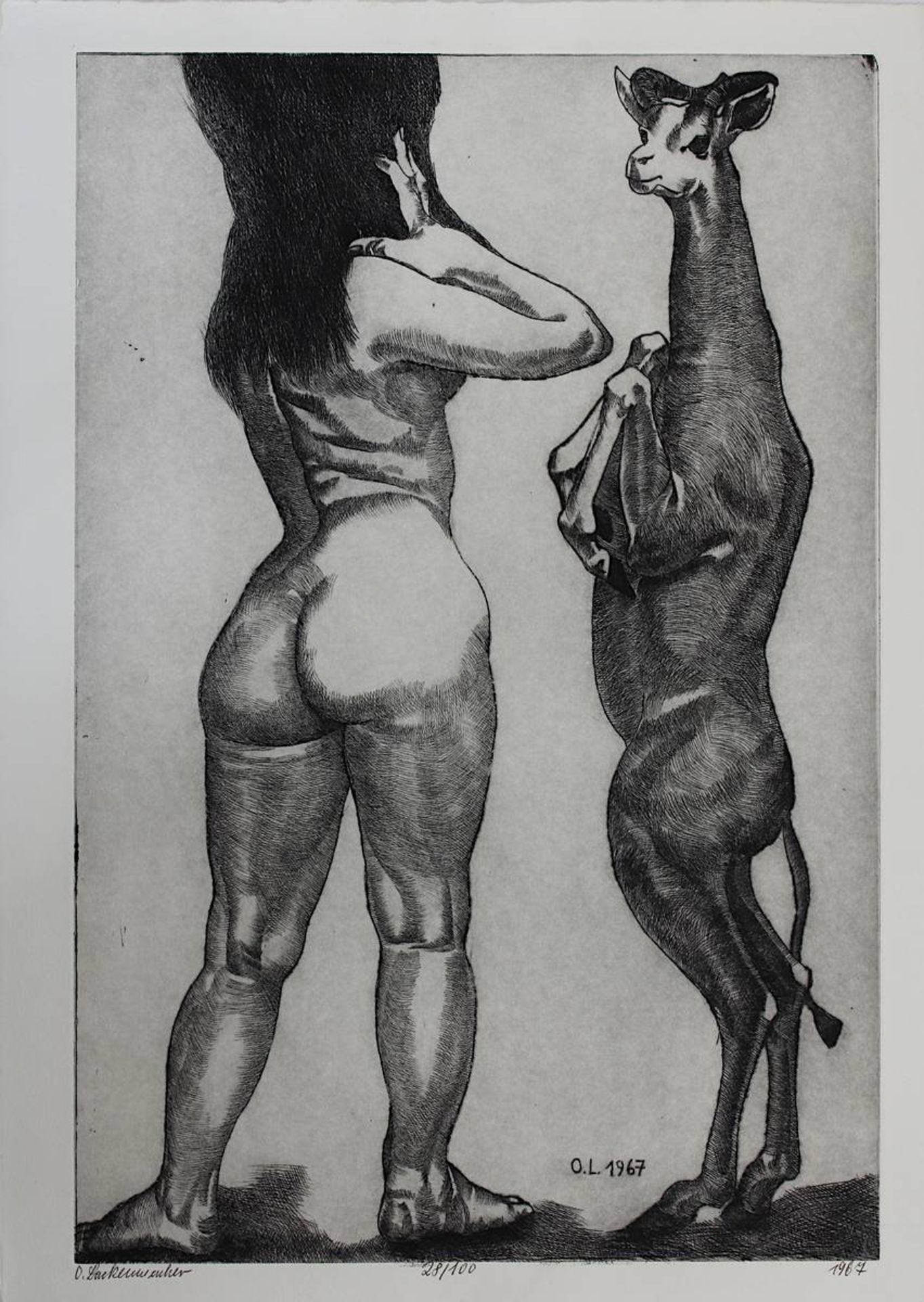 Lackenmacher, Otto (Saarbrücken 1927 - 1988 Saarbrücken), Weiblicher Akt mit Antilope, Radierung, am