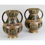 Paar Sarreguemines Keramikvasen in orientalischem Stil, Keramik brauner Scherben, Wandung mit floral
