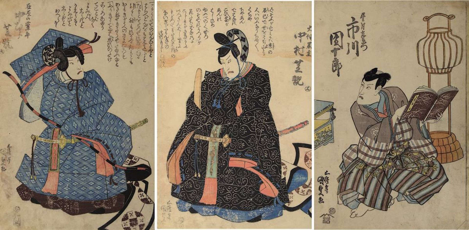 Utagawa Kunisada (1786 - 1865), 3 japanische Farbholzschnitte mit Schauspielerportraits: Ichikawa