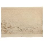 Zeichner 19.Jh., Blick in eine weite Landschaft, wohl Italien, Tusche und Bleistift, 23,3 x 31,7 cm,