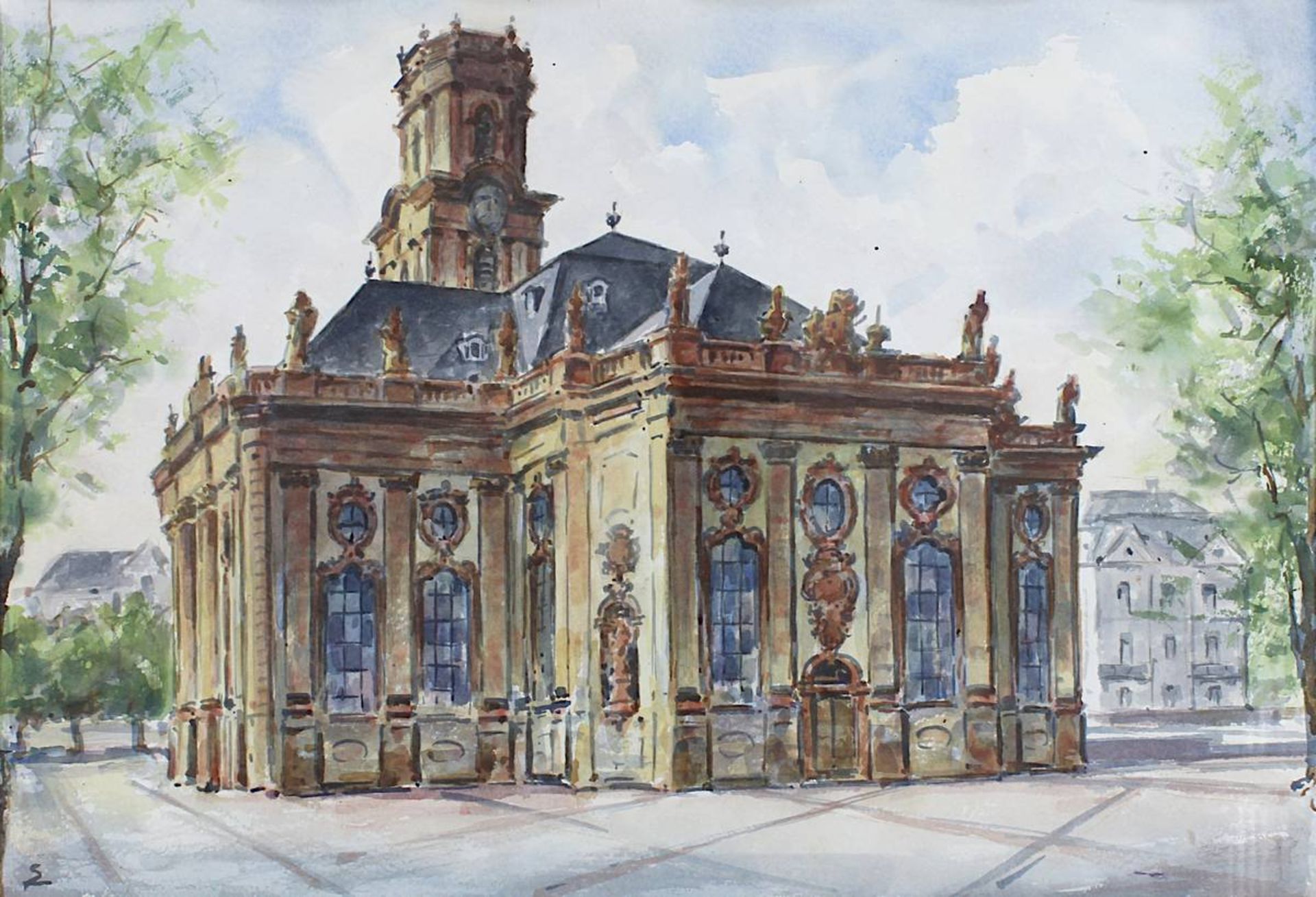 Saarländischer Künstler, Ludwigskirche Saarbrücken, 1960er Jahre, Aquarell, links unten - Bild 2 aus 2