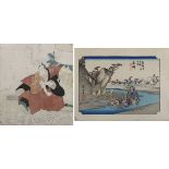 2 kleine japanische Farbholzschnitte: Utagawa Hiroshige (1797 - 1858), Holzschnitt zu Okitsu - Die