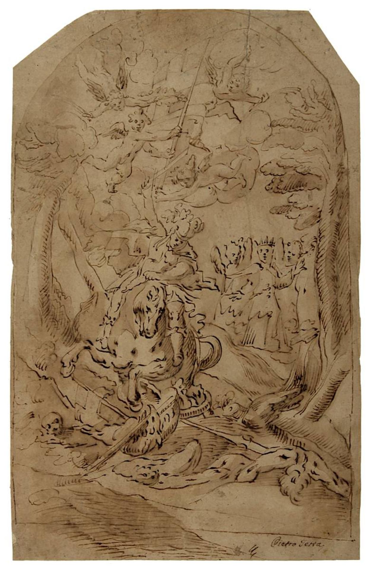 Testa, Pietro (Lucca 1611 - 1650 Rom), Der Heilige Georg im Kampf mit dem Drachen, braune Tinte,