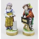 Leierkastenmann und Tamburinspielerin, 2 Porzellanfiguren Volkstedt 2. H. 20. Jh., farbig und