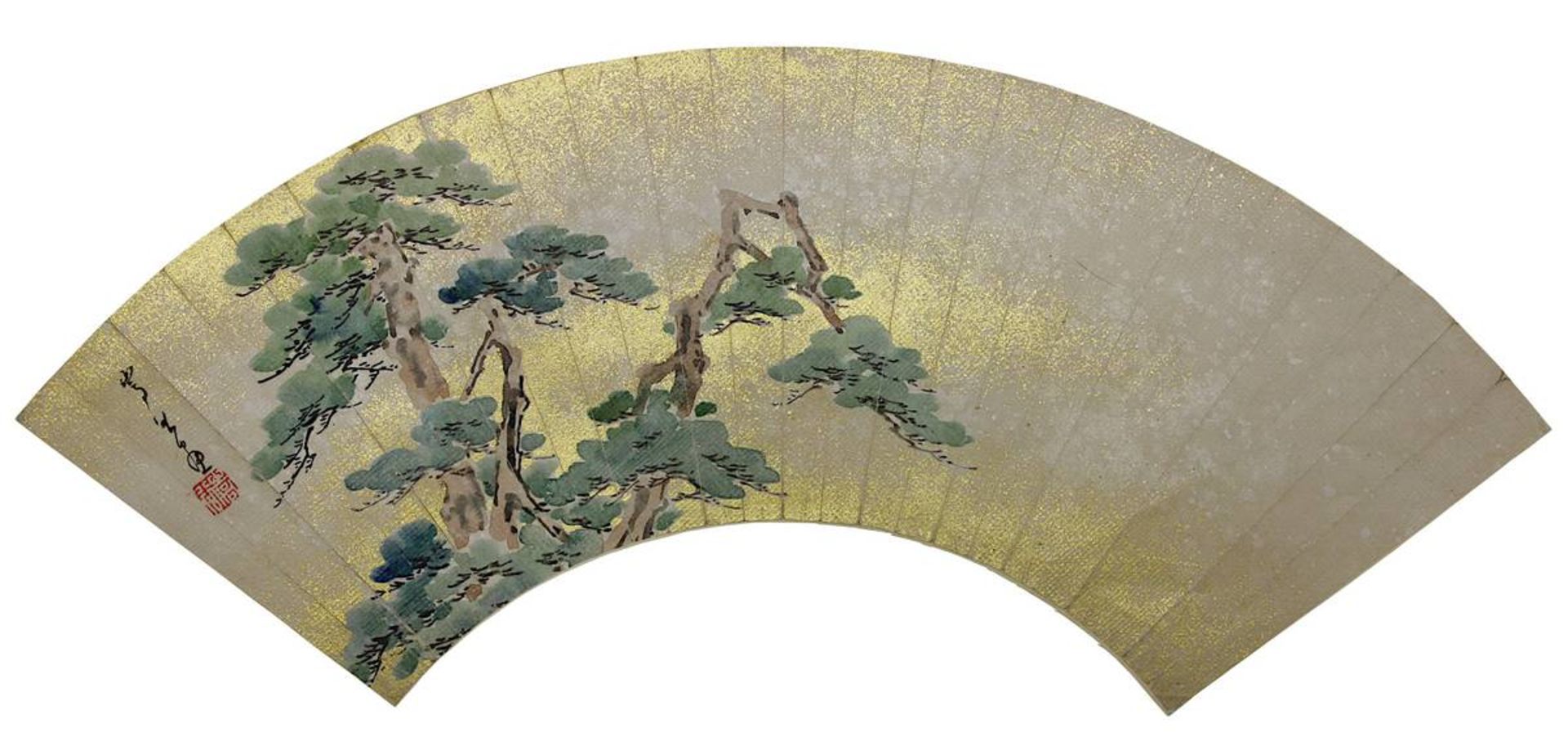 Ko Sukoku (1730 - 1804), Kiefern, bemaltes japanisches Faltfächerblatt, Edo frühes 19. Jh., Tusche