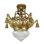 Vergoldete Bronze-Deckenlampe, deutsch Anfang 20. Jh., runde durchbrochen gearbeitete Korbform mit 5