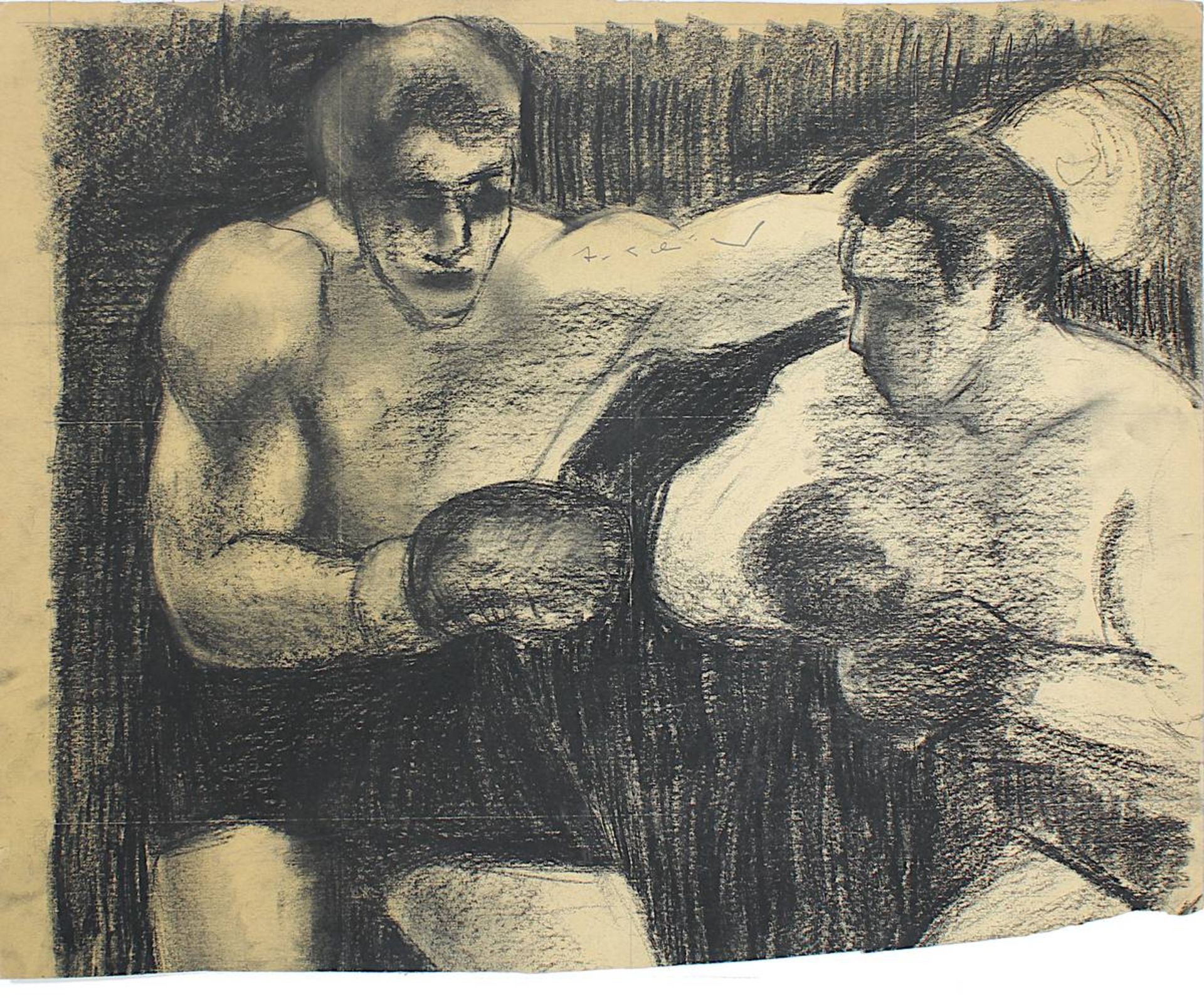 Schröder, Hans (Saarbrücken 1930 - 2010 Saarbrücken), Boxer im Zweikampf, Kohlezeichnung, wohl - Bild 3 aus 4