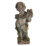 Gartenfigur Putto mit Blumenkorb, Steinguss, 2. H. 20. Jh., im Barockstil, H 60 cm, stärkere, schöne