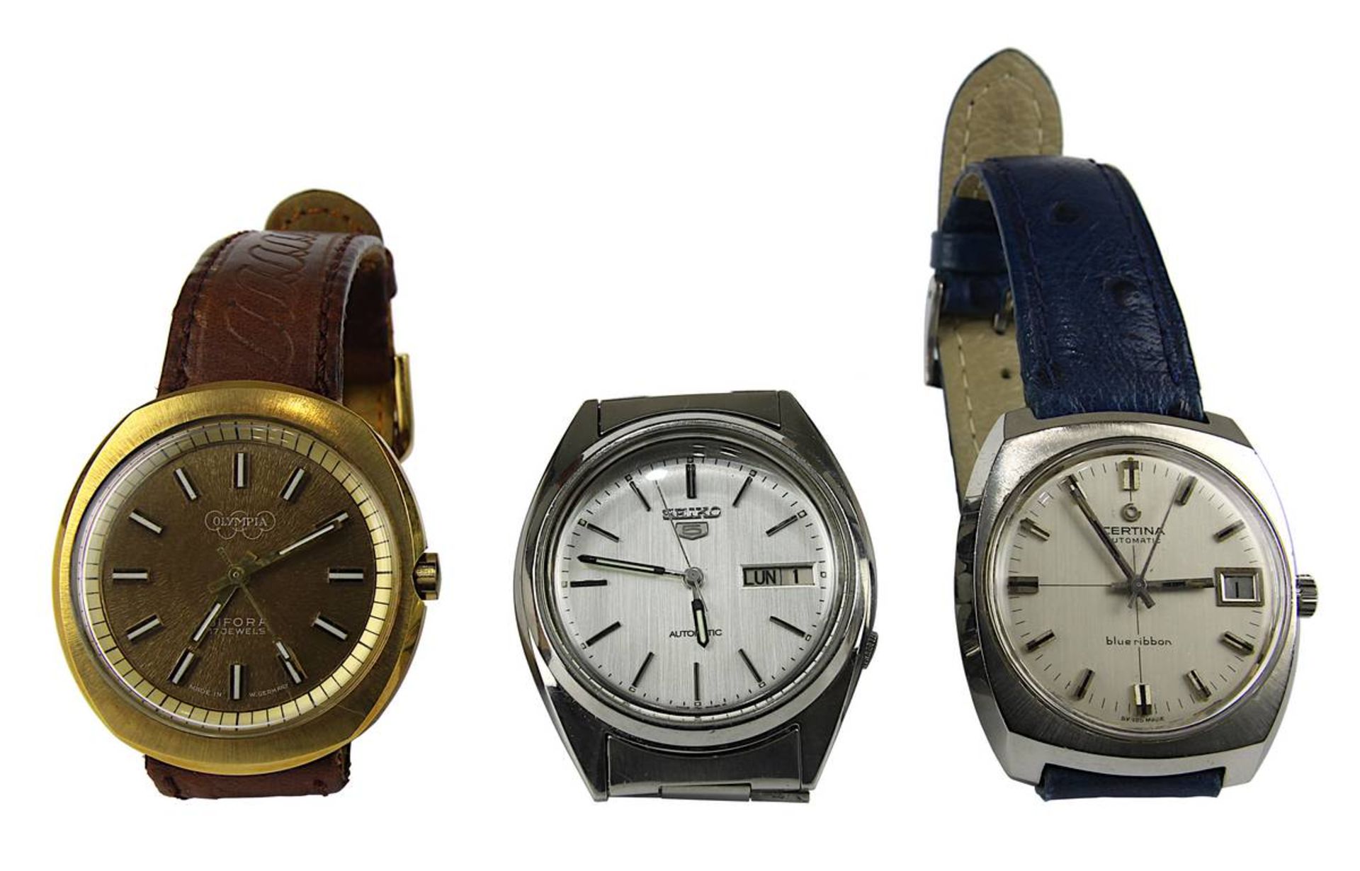 3 Herren-Armbanduhren Seiko, Certina und Olympia 1970er Jahre: Seiko mit japanischem Automatikwerk