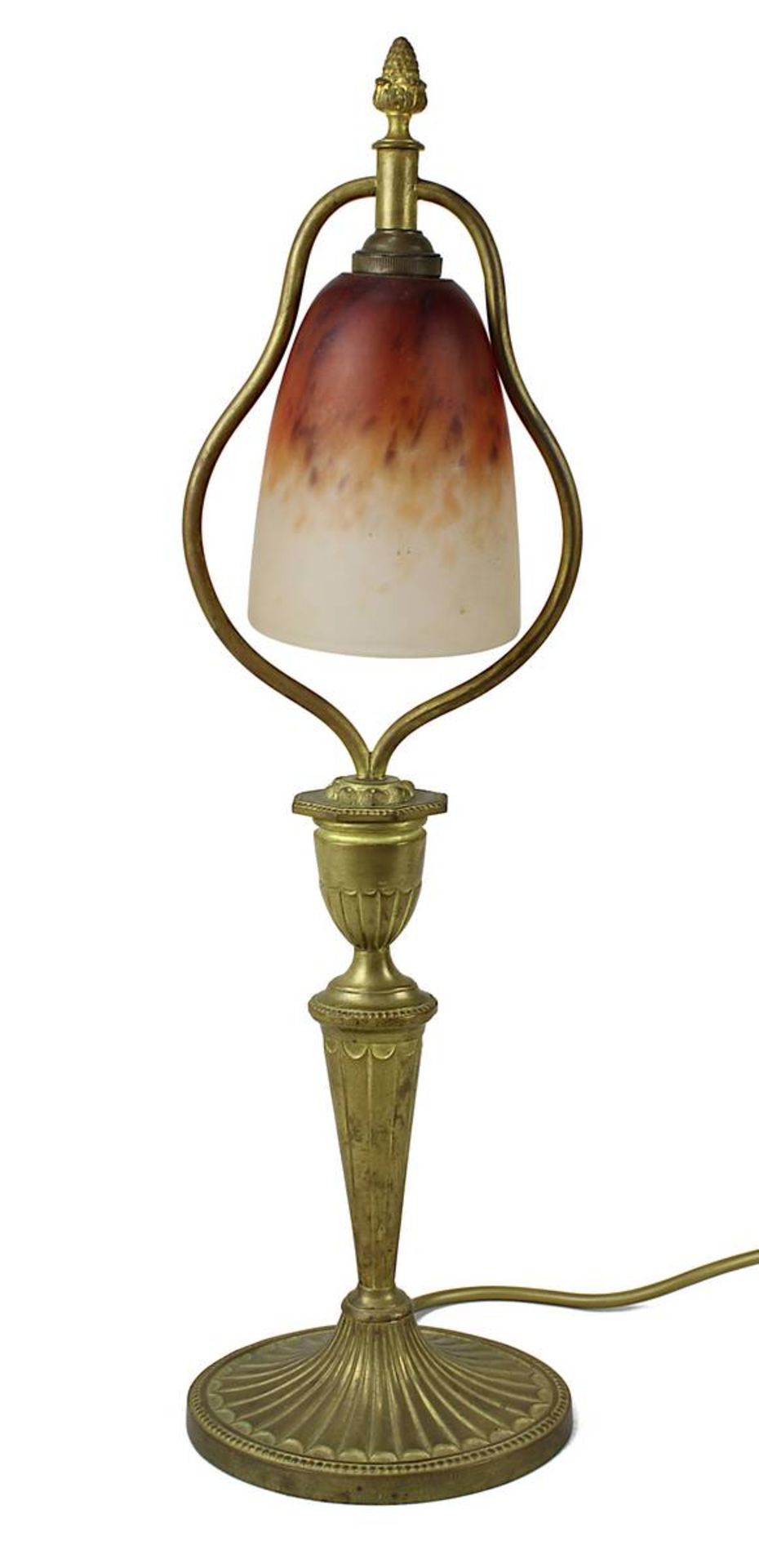 Messing-Tischlampe mit Glasblüte, Frankreich um 1920, Klarglasschirm mit orangroten
