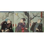 Utagawa Kunisada (1786 - 1865), 3 japanische Farbholzschnitte, Triptychon mit Theaterszene, 3